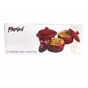 Parini 3 Ceramic Mini Cocottes w/ Lids, Cookware Kitchen, Home, Red, NEW
